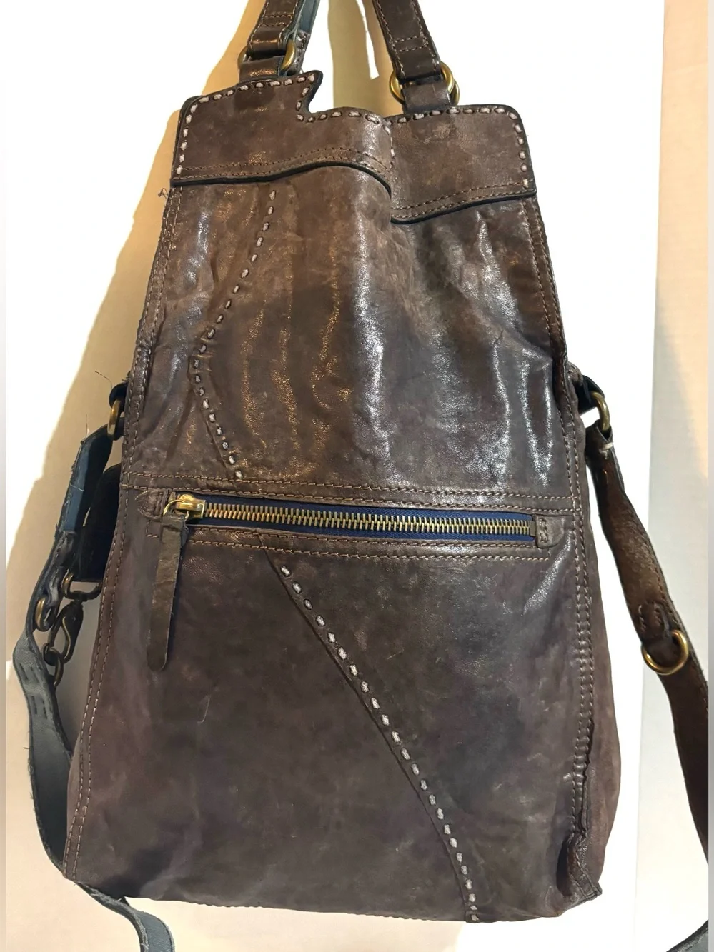 Lucky Brand distressed color blocking Dark Brown gray Leather crossbody bag